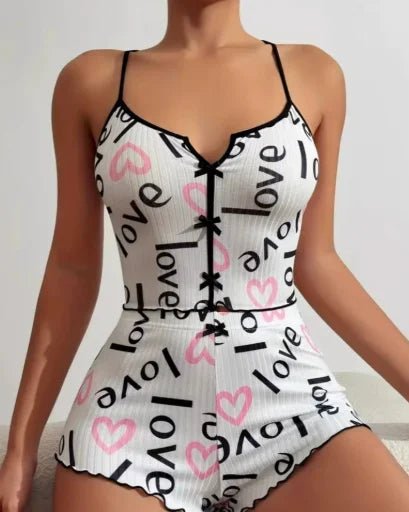 New Arrival Spandex Spring Heart - Shaped Printed Color - Block Clothing Front Slit Strappy Pajamas Set - Zeprah