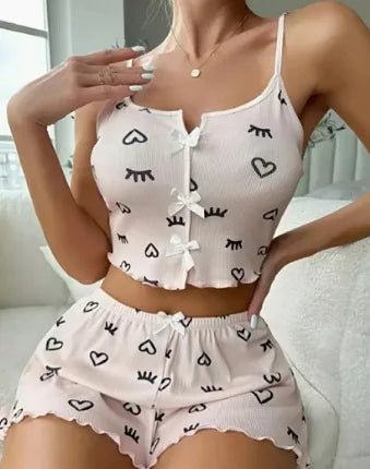 New Arrival Spandex Spring Heart - Shaped Printed Color - Block Clothing Front Slit Strappy Pajamas Set - Zeprah