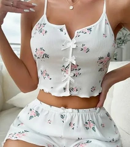 New Arrival Spandex Spring Heart - Shaped Printed Color - Block Clothing Front Slit Strappy Pajamas Set - Zeprah