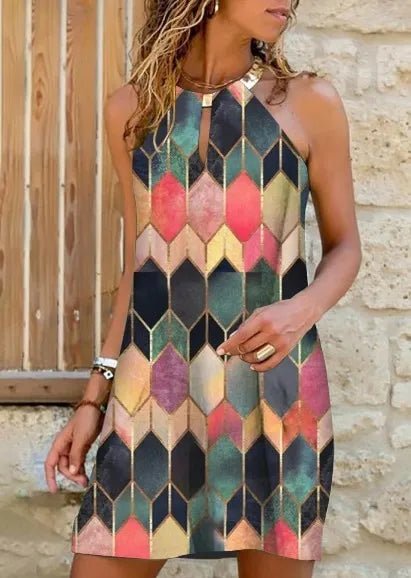 New Arrivals - Women's Casual Dress Hanging Neck Floral Printed Sexy Sleeveless Breathable Washable Natural - Zeprah