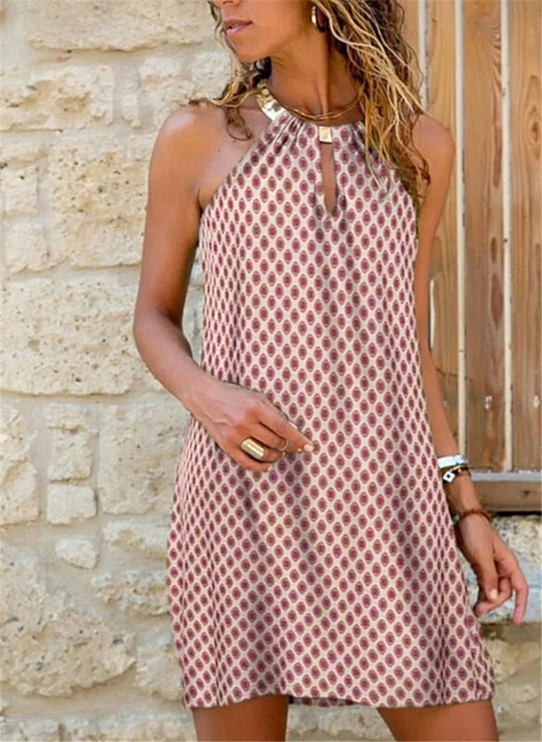 New Arrivals - Women's Casual Dress Hanging Neck Floral Printed Sexy Sleeveless Breathable Washable Natural - Zeprah
