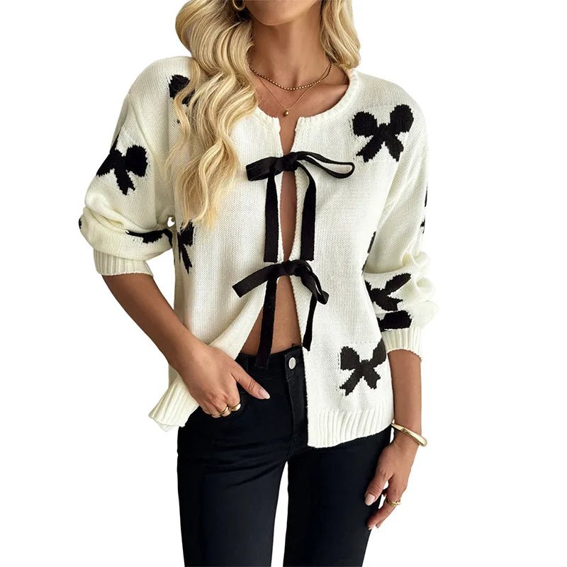 New Autumn Vintage Thin Lace - Up Bow Pattern Women's Sweater - Zeprah