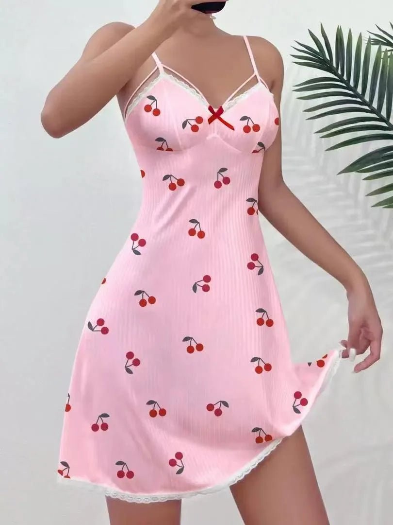 New Chiffon Home Wear Heart Print Suspender Dress Collarless for Summer Outdoor Wear - Zeprah