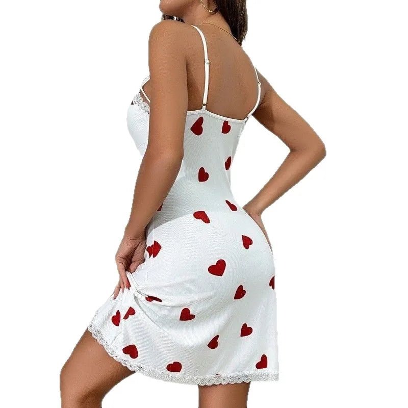 New Chiffon Home Wear Heart Print Suspender Dress Collarless for Summer Outdoor Wear - Zeprah