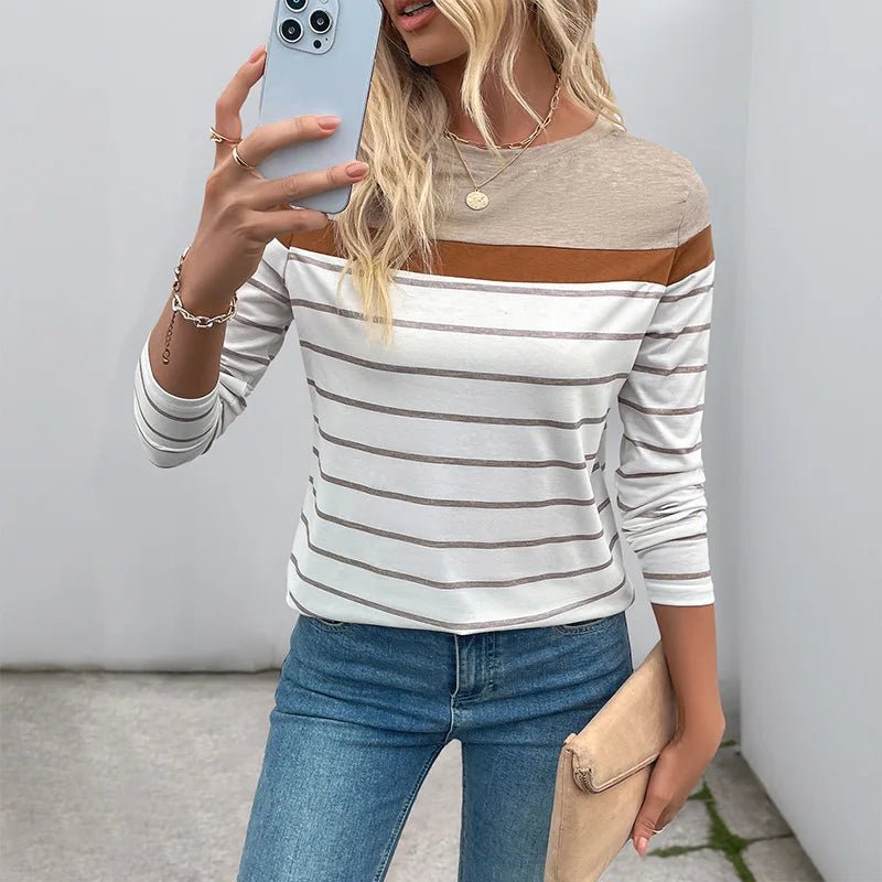 New Cute Retro Simple Style Striped Long - sleeved Polyester T-shirt Women's Inner Wear - Zeprah