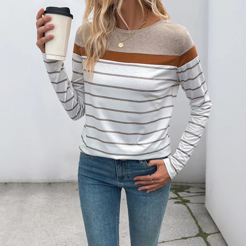 New Cute Retro Simple Style Striped Long - sleeved Polyester T-shirt Women's Inner Wear - Zeprah