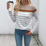 New Cute Retro Simple Style Striped Long - sleeved Polyester T-shirt Women's Inner Wear - Zeprah