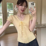 New Design Short Sleeve Top Lace up Tie - up Design T-shirt for Women Simple Popular Women's T-shirts - Zeprah