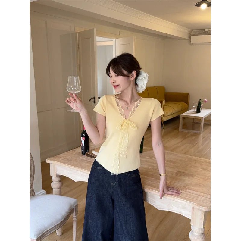 New Design Short Sleeve Top Lace up Tie - up Design T-shirt for Women Simple Popular Women's T-shirts - Zeprah