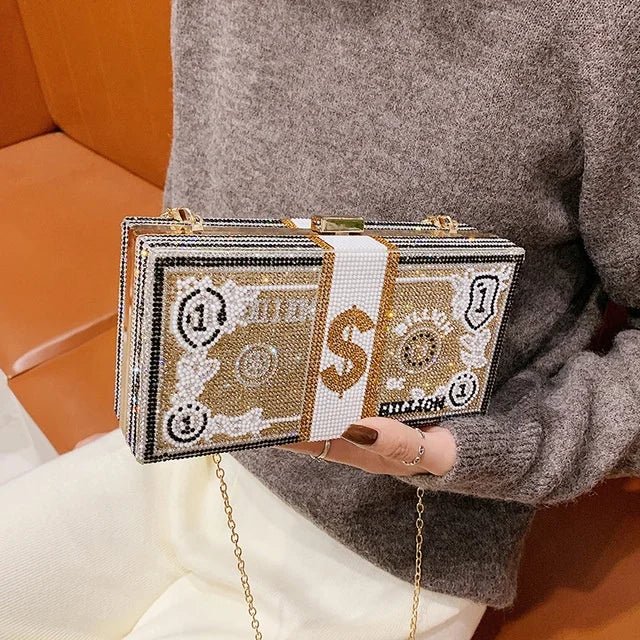 New Dinner Party Fashion Bags Dollar Money Shoulder Bag for Women Luxury Mini Box Purses Handbags Rhinestone Evening Clutches - Zeprah
