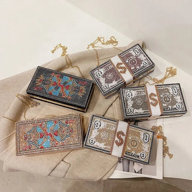 New Dinner Party Fashion Bags Dollar Money Shoulder Bag for Women Luxury Mini Box Purses Handbags Rhinestone Evening Clutches - Zeprah
