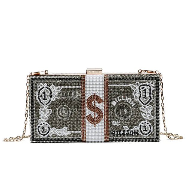 New Dinner Party Fashion Bags Dollar Money Shoulder Bag for Women Luxury Mini Box Purses Handbags Rhinestone Evening Clutches - Zeprah