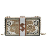 New Dinner Party Fashion Bags Dollar Money Shoulder Bag for Women Luxury Mini Box Purses Handbags Rhinestone Evening Clutches - Zeprah