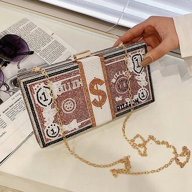 New Dinner Party Fashion Bags Dollar Money Shoulder Bag for Women Luxury Mini Box Purses Handbags Rhinestone Evening Clutches - Zeprah