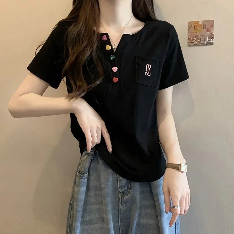 New Embroidered V - Neck Short - Sleeved T-Shirt Women's Sweet Spice Girl Casual T-Shirts - Zeprah