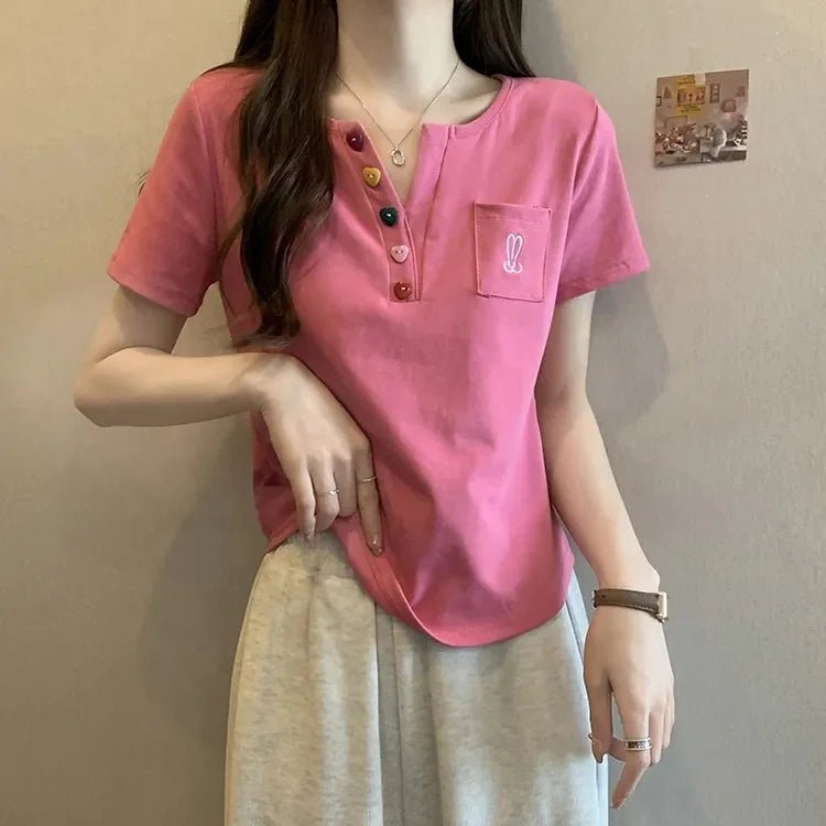 New Embroidered V - Neck Short - Sleeved T-Shirt Women's Sweet Spice Girl Casual T-Shirts - Zeprah