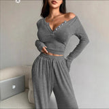 New European & American Spring - Autumn Cropped Slim - Fit V - Neck Button Long - Sleeve T-Shirt & Wide - Leg Pants Set - Zeprah