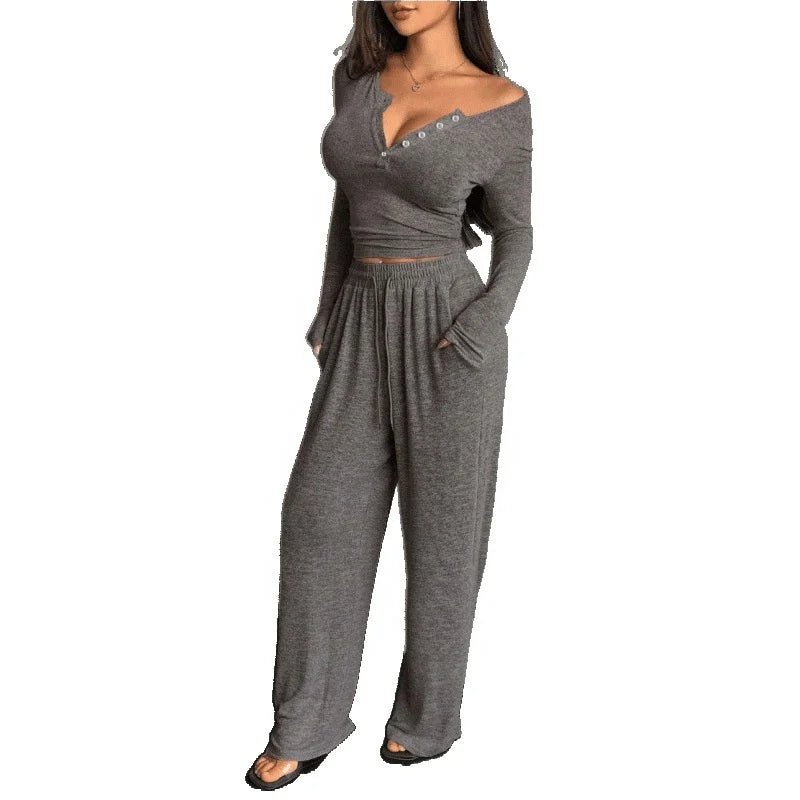 New European & American Spring - Autumn Cropped Slim - Fit V - Neck Button Long - Sleeve T-Shirt & Wide - Leg Pants Set - Zeprah