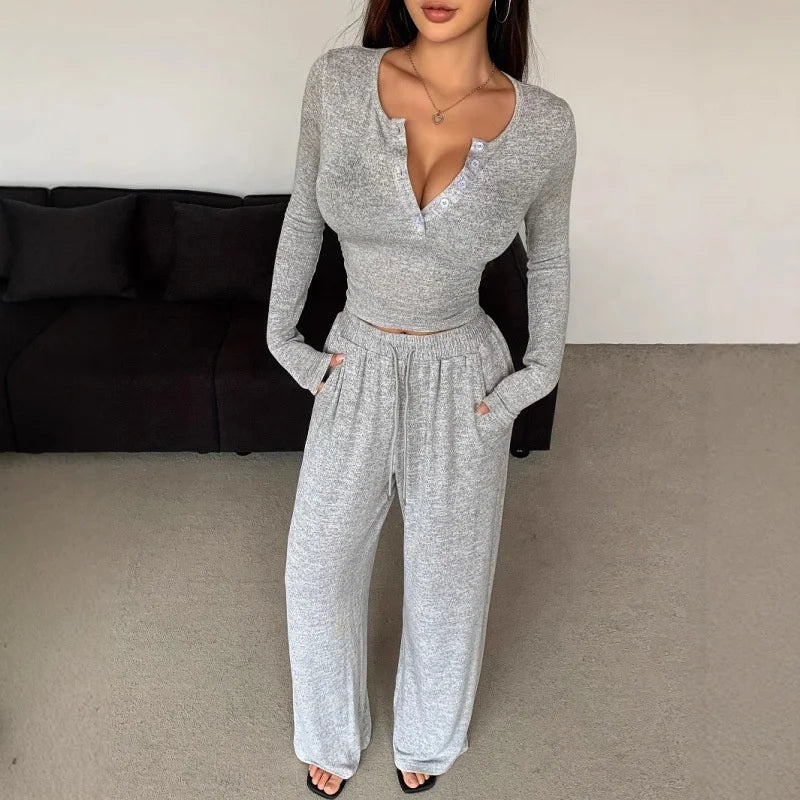 New European & American Spring - Autumn Cropped Slim - Fit V - Neck Button Long - Sleeve T-Shirt & Wide - Leg Pants Set - Zeprah