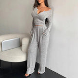 New European & American Spring - Autumn Cropped Slim - Fit V - Neck Button Long - Sleeve T-Shirt & Wide - Leg Pants Set - Zeprah
