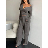 New European & American Spring - Autumn Cropped Slim - Fit V - Neck Button Long - Sleeve T-Shirt & Wide - Leg Pants Set - Zeprah