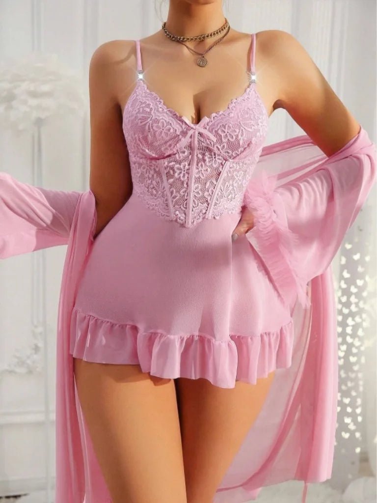 New European and American Sexy Lace Trim Breathable Lingerie Set Camisole Mesh Plus Size Light Control Thin Style - Zeprah