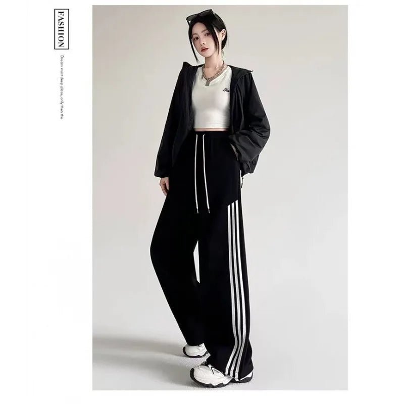 New Fall American Style Side Stripe Pants High Waisted Slimming Drawstring Ankle Wide Leg Trousers - Zeprah