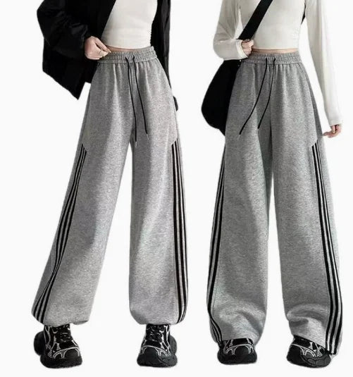 New Fall American Style Side Stripe Pants High Waisted Slimming Drawstring Ankle Wide Leg Trousers - Zeprah