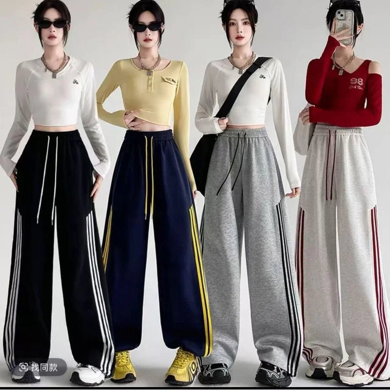 New Fall American Style Side Stripe Pants High Waisted Slimming Drawstring Ankle Wide Leg Trousers - Zeprah