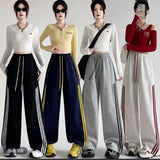 New Fall American Style Side Stripe Pants High Waisted Slimming Drawstring Ankle Wide Leg Trousers - Zeprah