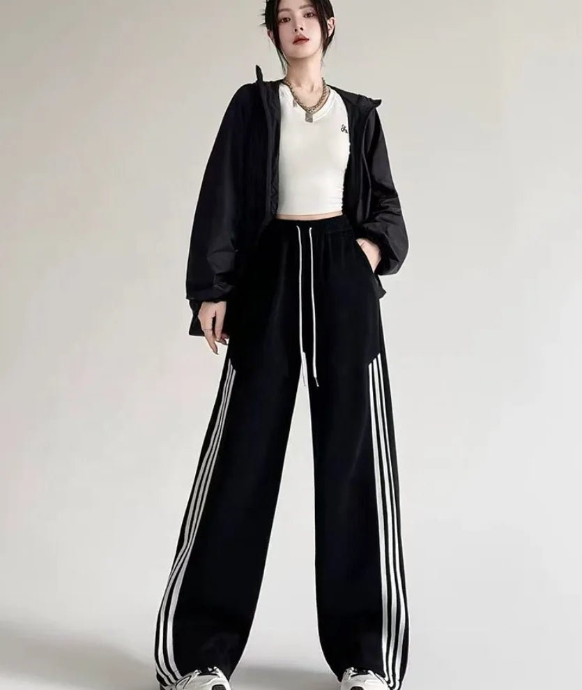 New Fall American Style Side Stripe Pants High Waisted Slimming Drawstring Ankle Wide Leg Trousers - Zeprah