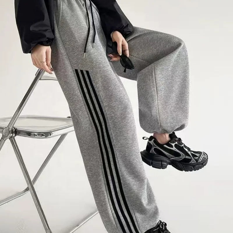 New Fall American Style Side Stripe Pants High Waisted Slimming Drawstring Ankle Wide Leg Trousers - Zeprah