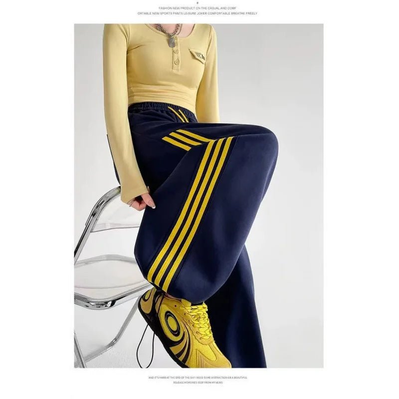 New Fall American Style Side Stripe Pants High Waisted Slimming Drawstring Ankle Wide Leg Trousers - Zeprah