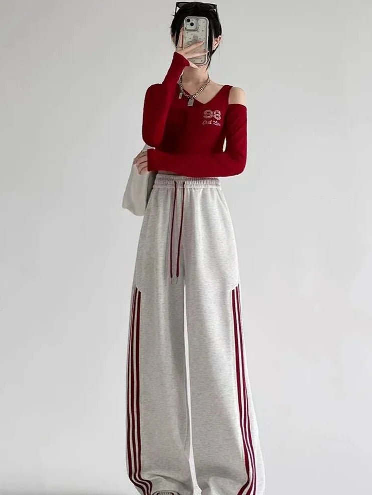 New Fall American Style Side Stripe Pants High Waisted Slimming Drawstring Ankle Wide Leg Trousers - Zeprah