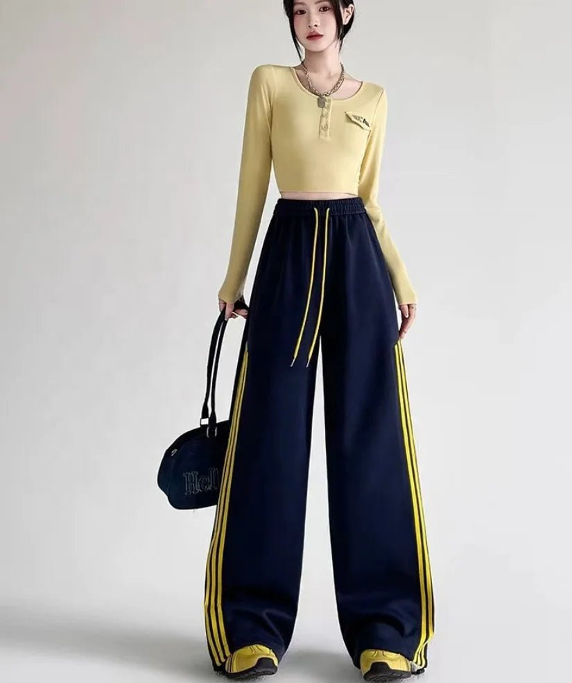 New Fall American Style Side Stripe Pants High Waisted Slimming Drawstring Ankle Wide Leg Trousers - Zeprah