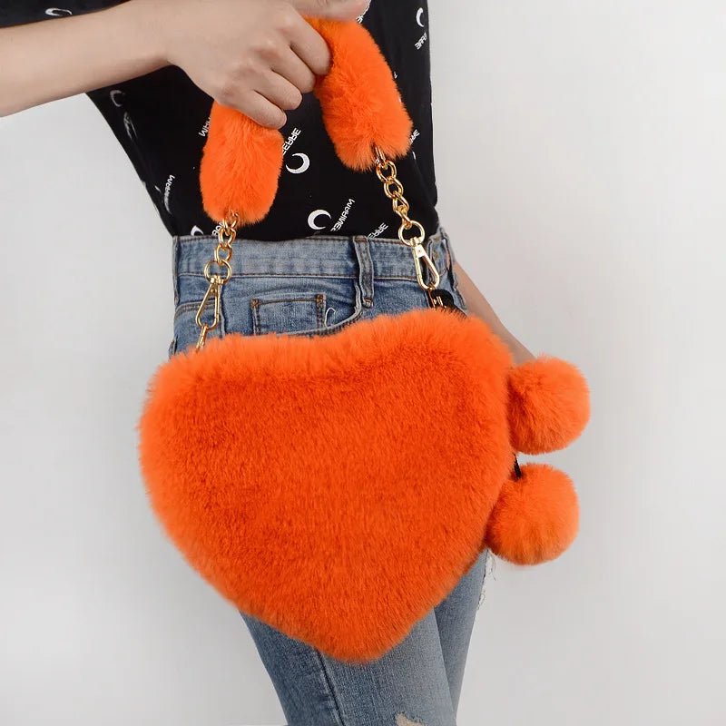 New Fashion Lovely Plush Heart - shaped Bag Female Plush Love Portable Chain Peach Heart Bag Tote Bag for Women - Zeprah