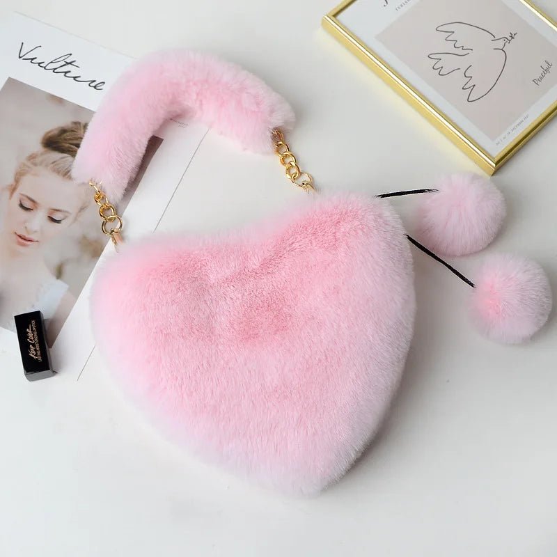 New Fashion Lovely Plush Heart - shaped Bag Female Plush Love Portable Chain Peach Heart Bag Tote Bag for Women - Zeprah