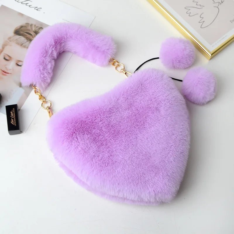 New Fashion Lovely Plush Heart - shaped Bag Female Plush Love Portable Chain Peach Heart Bag Tote Bag for Women - Zeprah
