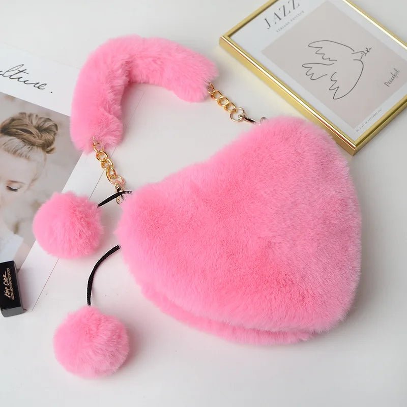 New Fashion Lovely Plush Heart - shaped Bag Female Plush Love Portable Chain Peach Heart Bag Tote Bag for Women - Zeprah