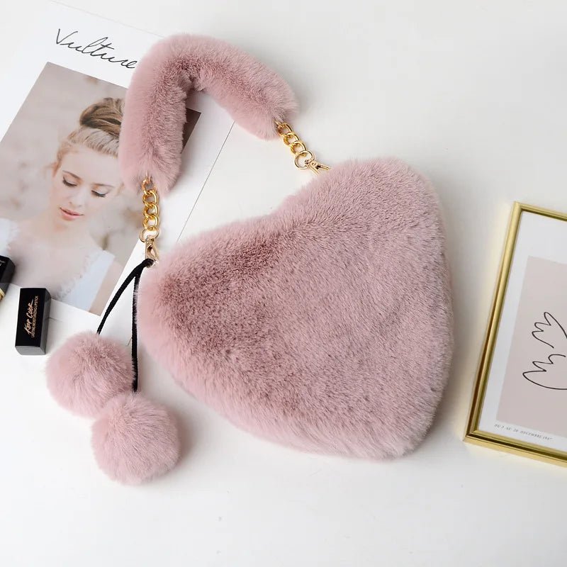 New Fashion Lovely Plush Heart - shaped Bag Female Plush Love Portable Chain Peach Heart Bag Tote Bag for Women - Zeprah