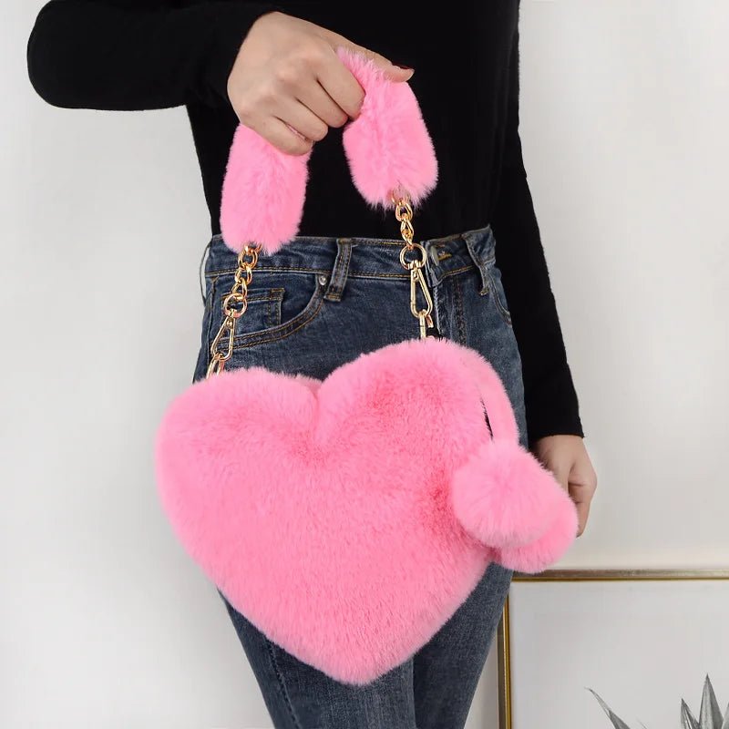 New Fashion Lovely Plush Heart - shaped Bag Female Plush Love Portable Chain Peach Heart Bag Tote Bag for Women - Zeprah