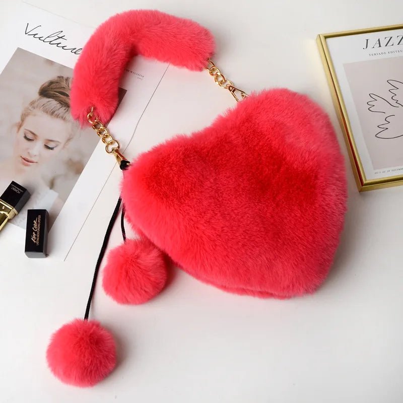 New Fashion Lovely Plush Heart - shaped Bag Female Plush Love Portable Chain Peach Heart Bag Tote Bag for Women - Zeprah
