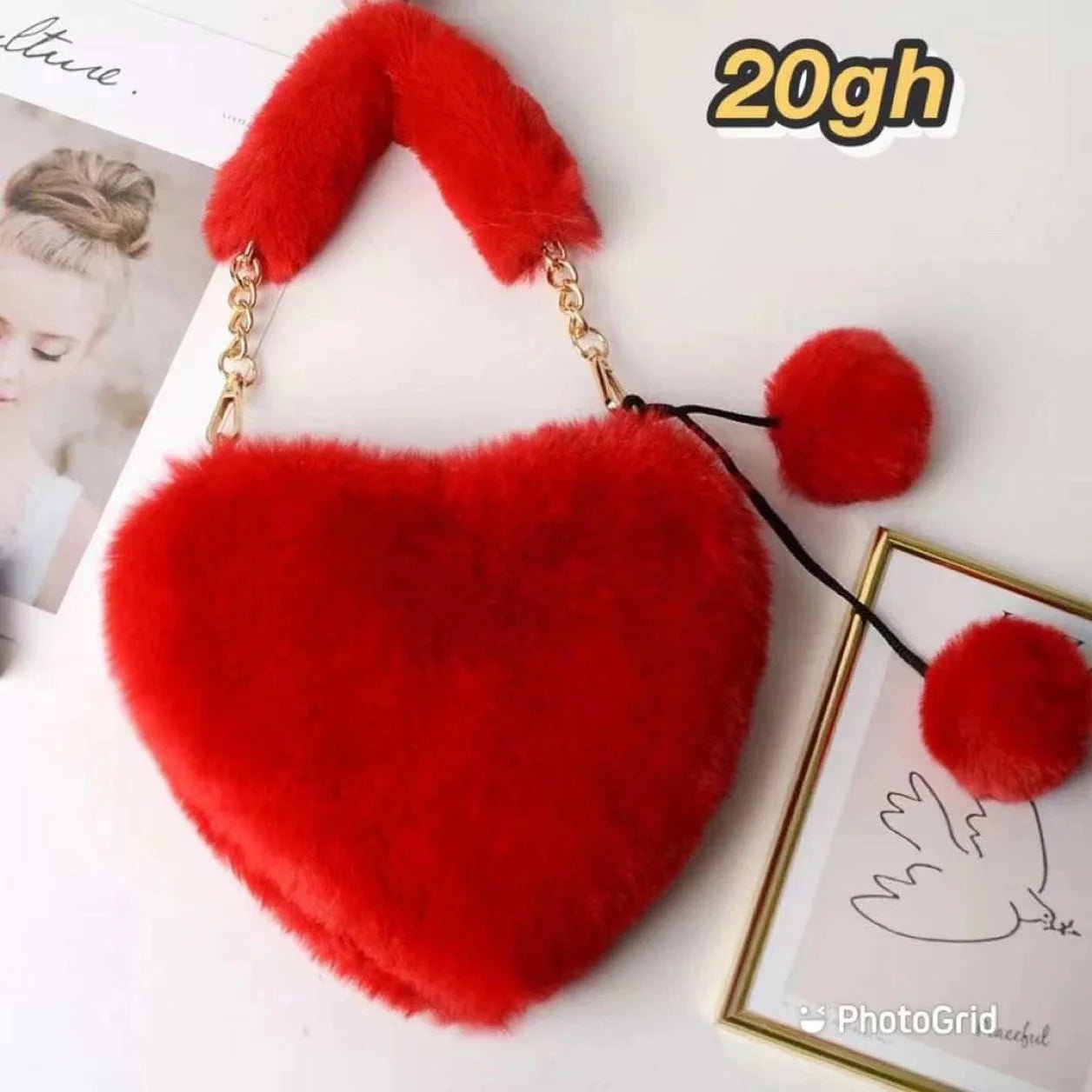New Fashion Lovely Plush Heart - shaped Bag Female Plush Love Portable Chain Peach Heart Bag Tote Bag for Women - Zeprah