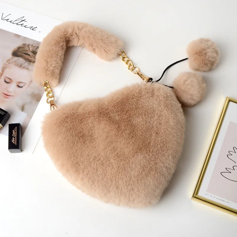 New Fashion Lovely Plush Heart - shaped Bag Female Plush Love Portable Chain Peach Heart Bag Tote Bag for Women - Zeprah
