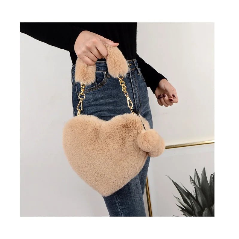 New Fashion Lovely Plush Heart - shaped Bag Female Plush Love Portable Chain Peach Heart Bag Tote Bag for Women - Zeprah