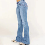 New Fashion Women Casual Stretch Washed Denim Pants Women's Low Waist Flared Jeans Pants - Zeprah