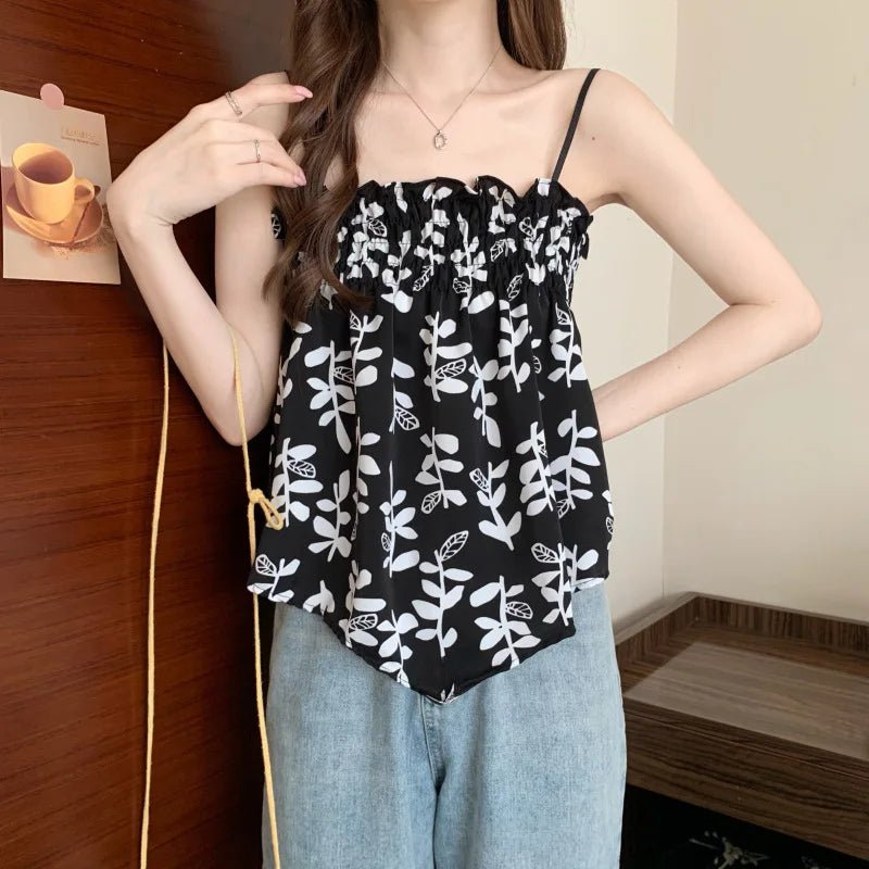 New French Chic Vintage Strap Tank Top Summer Elegant Spice Girls Wear Flower Floral Sleeveless Short Camisoles - Zeprah
