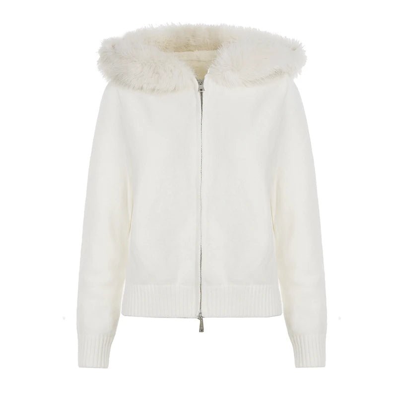 New Furry Breathable 100% Polyester Crocheted Winter Hooded Cardigan Women Simple Style Solid Knit Zip up Casual Sweater - Zeprah