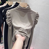 New Half Turtleneck Bottom Top Solid Color Bubble Sleeve Long Sleeve T-shirt Woman - Zeprah