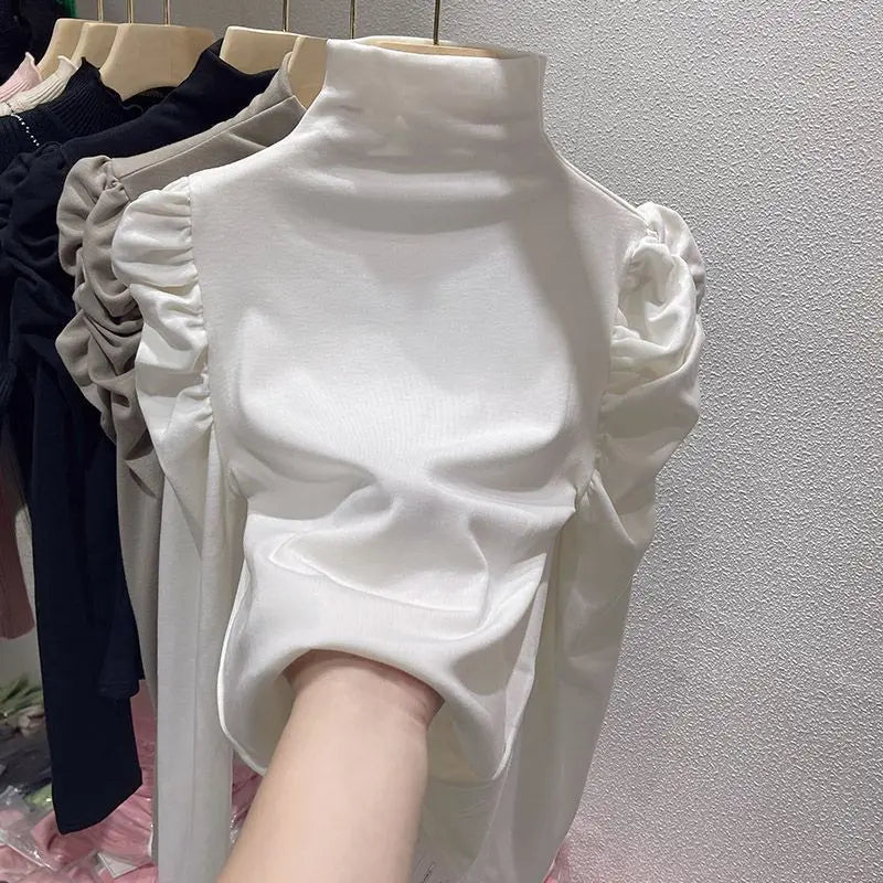 New Half Turtleneck Bottom Top Solid Color Bubble Sleeve Long Sleeve T-shirt Woman - Zeprah